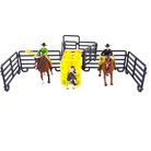 Toy figure set with cowboys on horses and a calf in a yellow chute, on a white background.