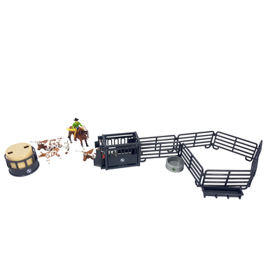 Toy set with a horse, rider, and a small arena on a white background