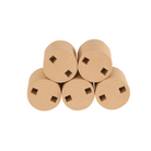 Five rolls of brown paper tape stacked on a white background