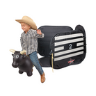 Child in cowboy hat with inflatable bull and backpack on white background