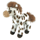 Plush toy horse with brown and white pattern on a white background