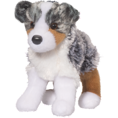 Plush toy dog with gray, white, and brown fur on a white background