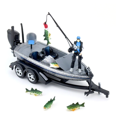 Toy fishing boat with figures and accessories on a white background