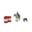 Model of a cowboy on horseback with a cow and two barrels on a white background