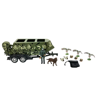 Toy set with a trailer, figures, and a dog on a white background