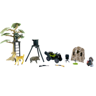Toy hunting set with trees, deer, and hunting equipment on a white background