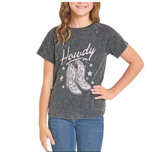 Girl's Rock & Roll Acid Wash Howdy Raglan Graphic T-shirt BG21T07331