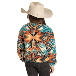 Girl's Rock and Roll Denim Aztec Print 1/4 Zip Jacket BG91C07752