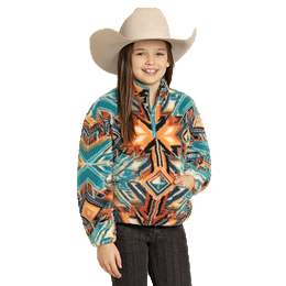 Girl's Rock and Roll Denim Aztec Print 1/4 Zip Jacket BG91C07752