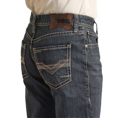 Men's Rock and Roll Denim Relaxed Fit Two-Tone Embroidered Bootcut Jeans BM0DD03653