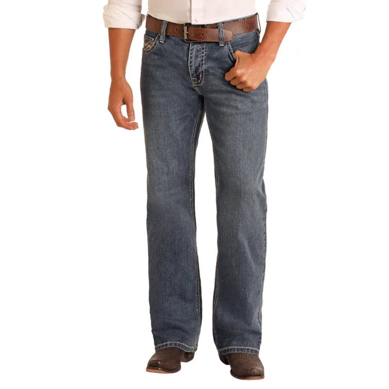 Men's Rock and Roll Denim Relaxed Fit Feather Stitch Bootcut Jeans BM0DD06122 - Crazy House Western Wear