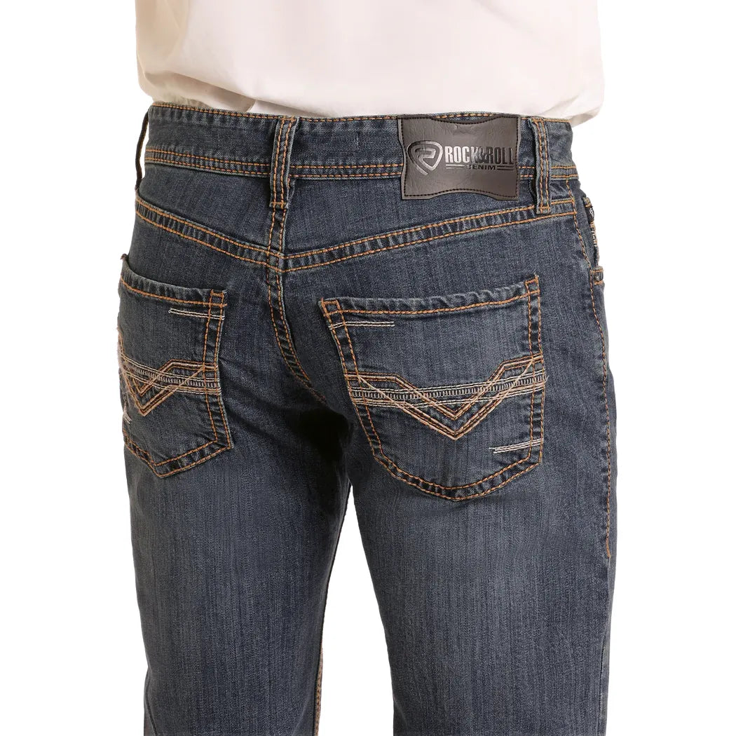 Men's Rock and Roll Denim Regular Fit Dark Wash Ladder Stitch Bootcut Jeans BM0PD05566 - Crazy House Western Wear