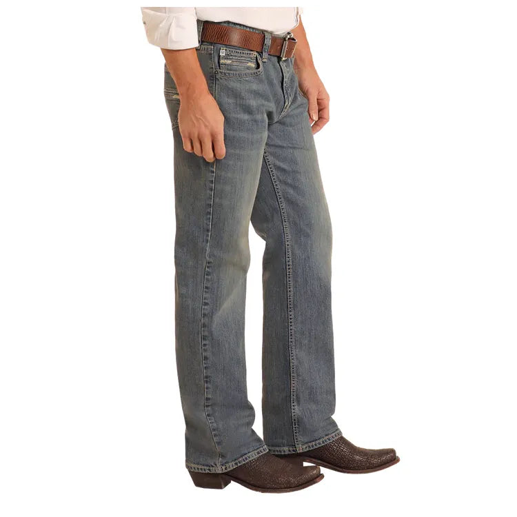 Men's Rock and Roll Denim Relaxed Fit Medium Wash Rope Stitch Straight Leg Jeans BM0SD05558 - Crazy House Western Wear
