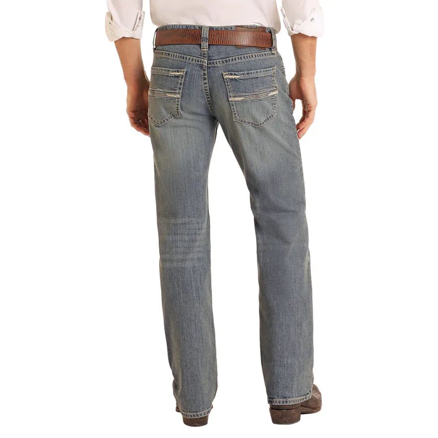 Men's Rock and Roll Denim Relaxed Fit Medium Wash Rope Stitch Straight Leg Jeans BM0SD05558 - Crazy House Western Wear