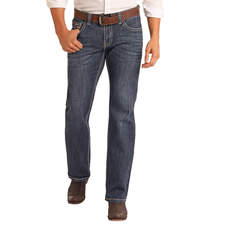 Men's Rock and Roll Denim Regular Fit Dark Wash Two-Tone Stitch Straight Leg Jeans BM1PD05567 - Crazy House Western Wear