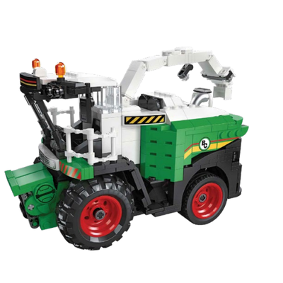 Toy construction vehicle model made from interlocking bricks on a white background