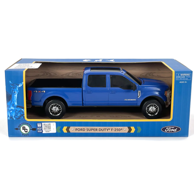 Blue Ford Super Duty F-250 model truck in packaging on a white background