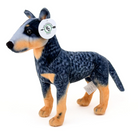 Plush dog toy with a brand tag on a white background