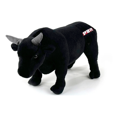 Black plush bull toy with PBR logo on a white background
