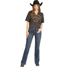 Women's Rock and Roll Denim V-neck Graphic Tee with Studs BW21T07959