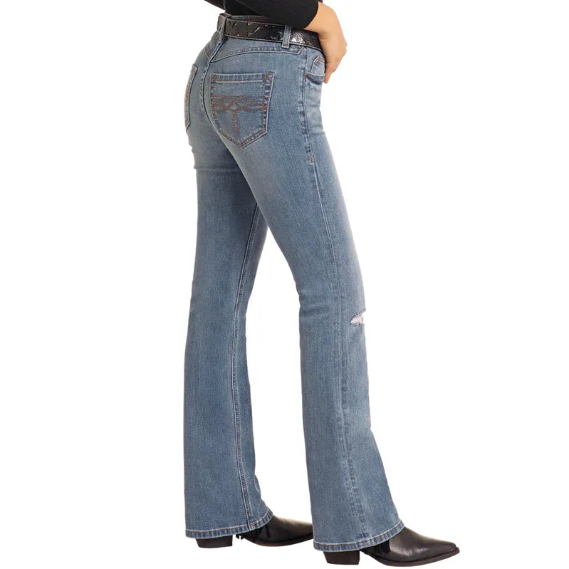 Women's Rock and Roll Distressed Mid Rise Bootcut Jeans BW4MD05314 - Crazy House Western Wear