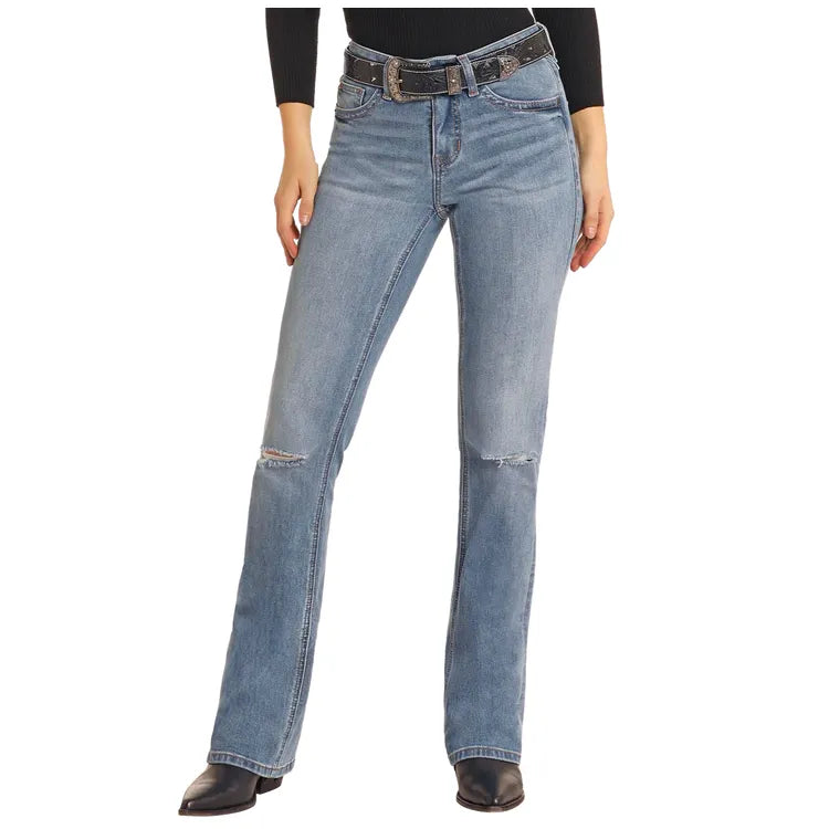 Women's Rock and Roll Distressed Mid Rise Bootcut Jeans BW4MD05314 - Crazy House Western Wear