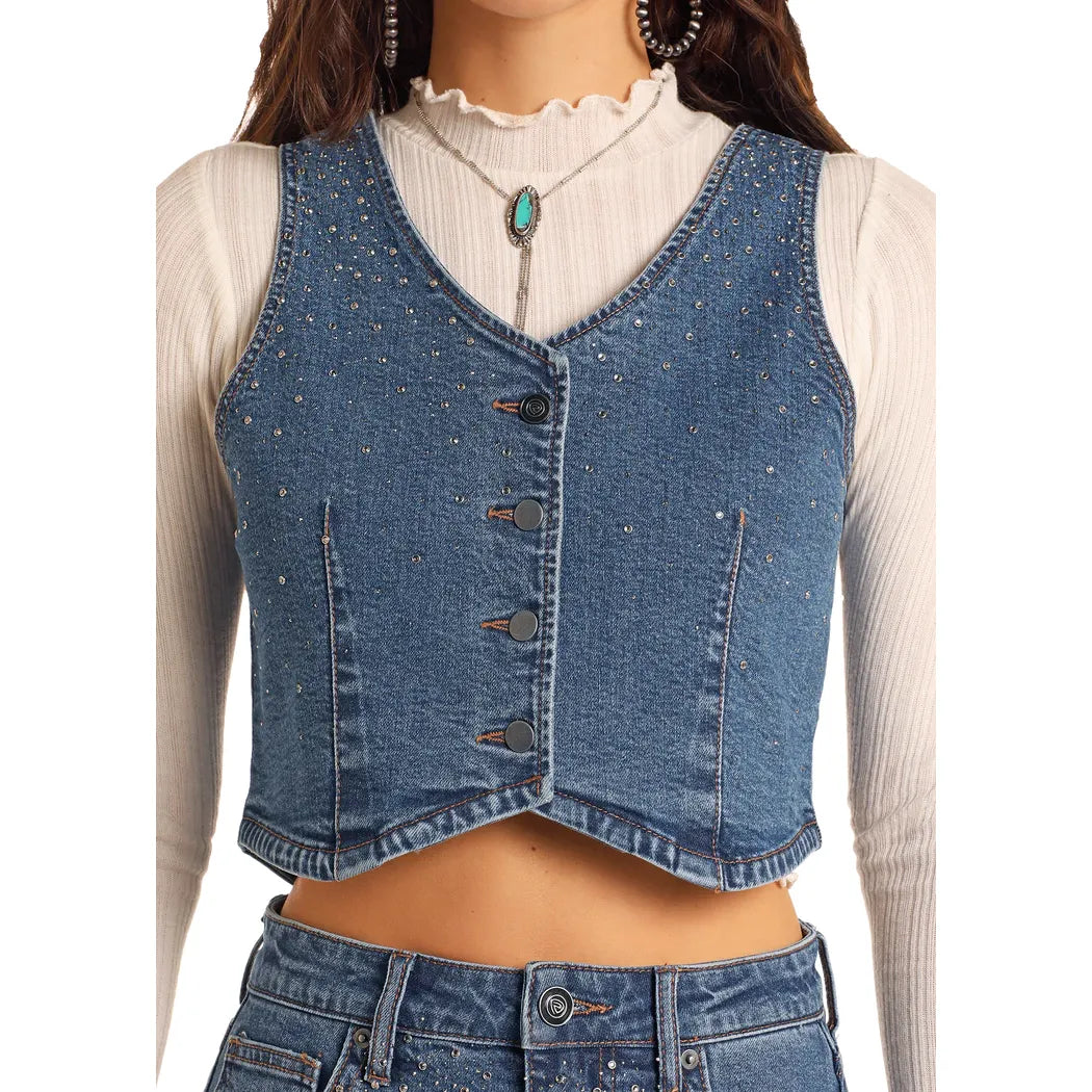 Women's Rock and Roll Sparkle Studded Denim Vest BW98D05342