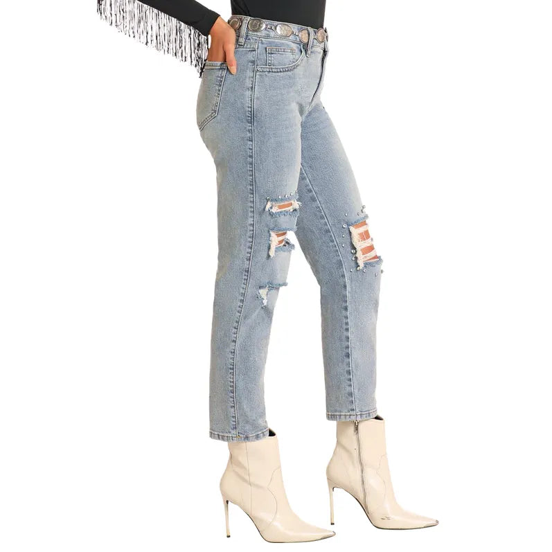 Women's Rock and Roll High Rise Studded Straight Cropped Jeans BW9HD04796