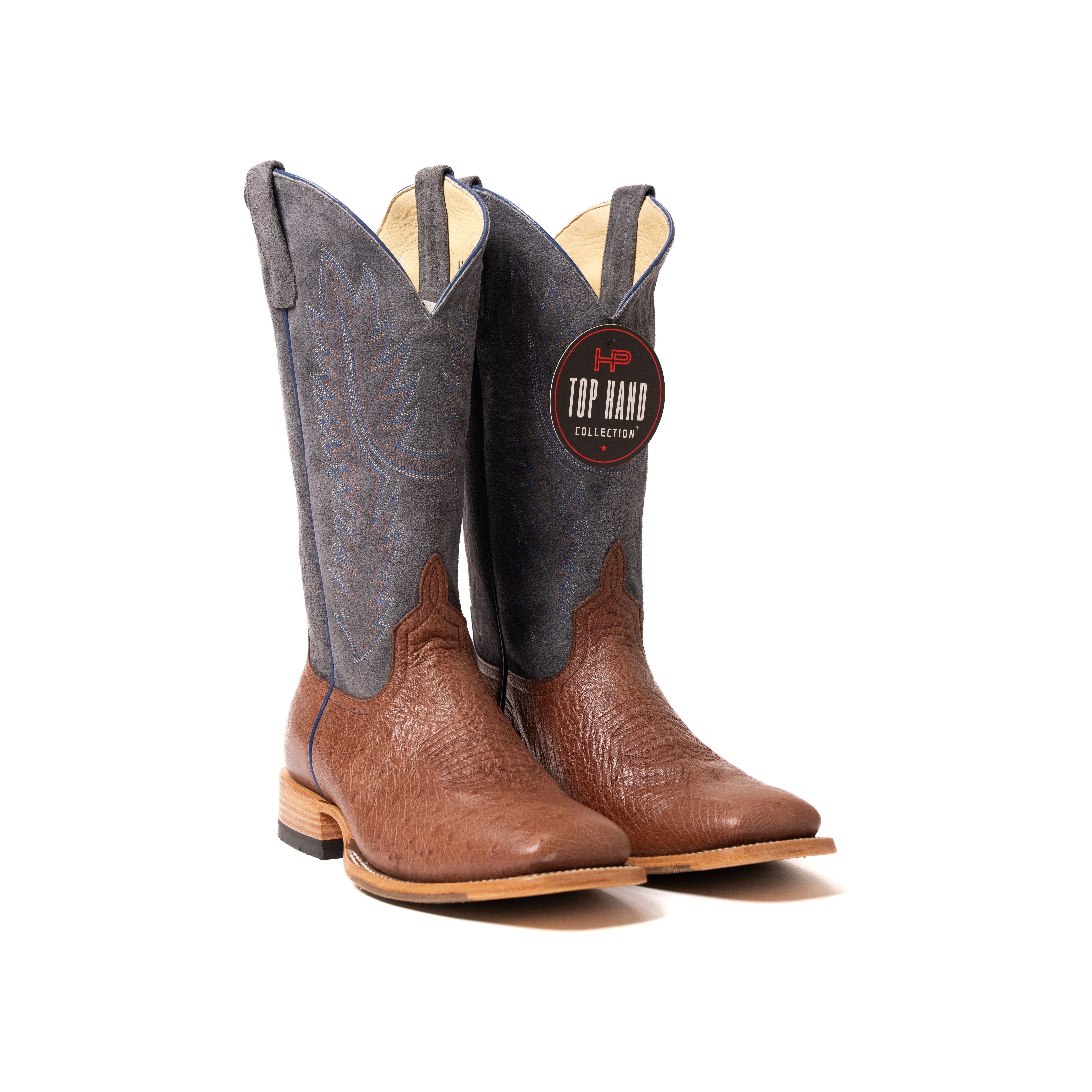 Men's Top Hand Rum Brown Smooth Ostrich with 13" Blue Jean Suede Tops HP8074 - Crazy House Western Wear