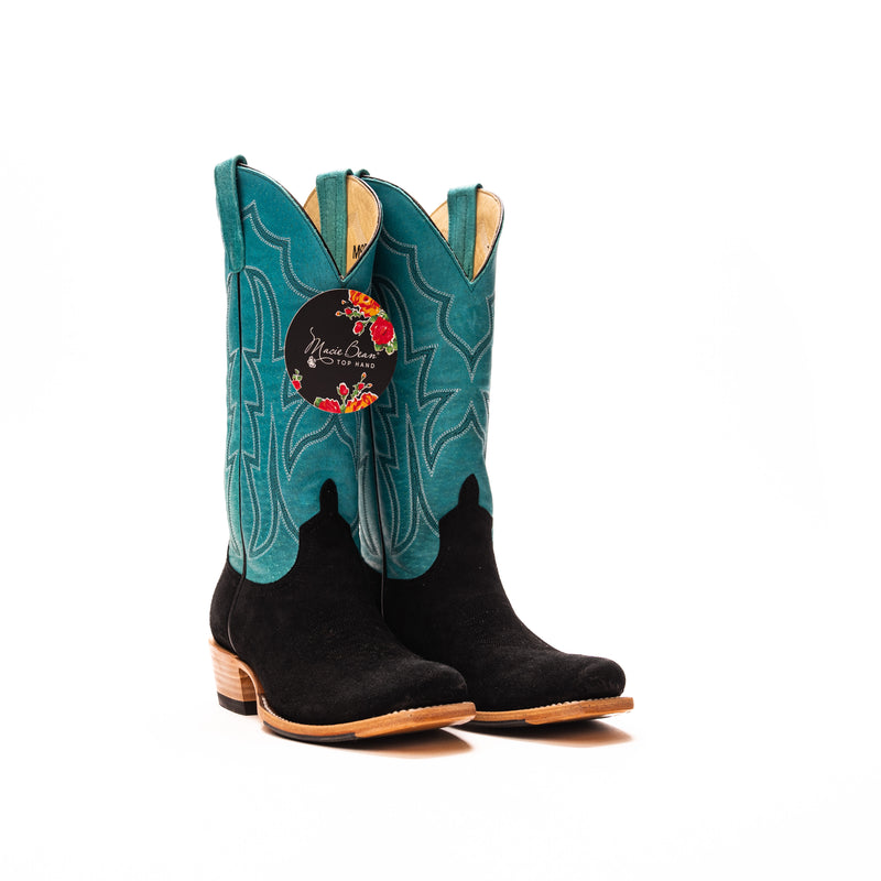 Women's Macie Bean Black Suede with 13" Blue Sinsation Top M9508 - Crazy House Western Wear