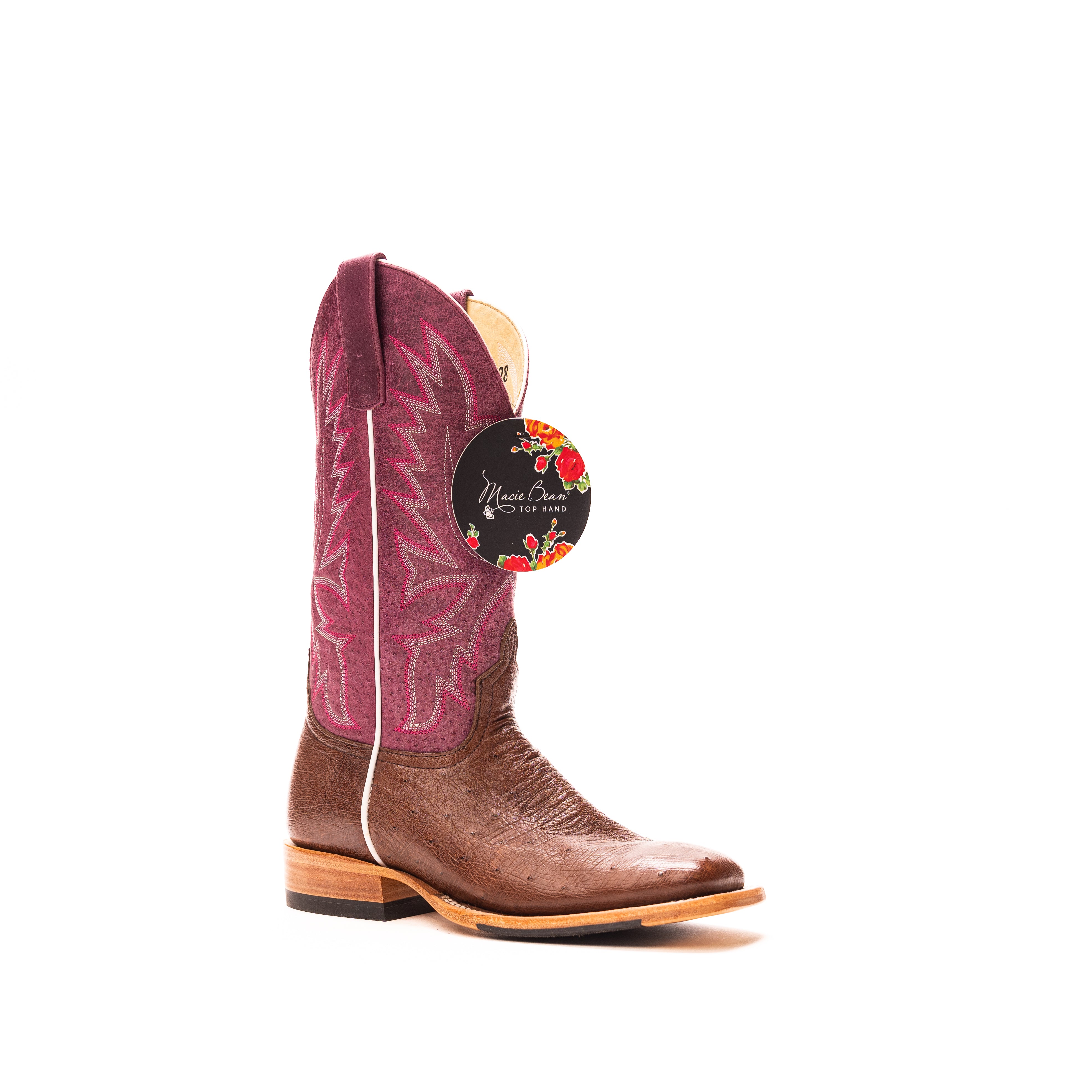 Women's Macie Bean Kango Tobacco Smooth Ostrich with 12" Purple Explosion Top M2028 - Crazy House Western Wear