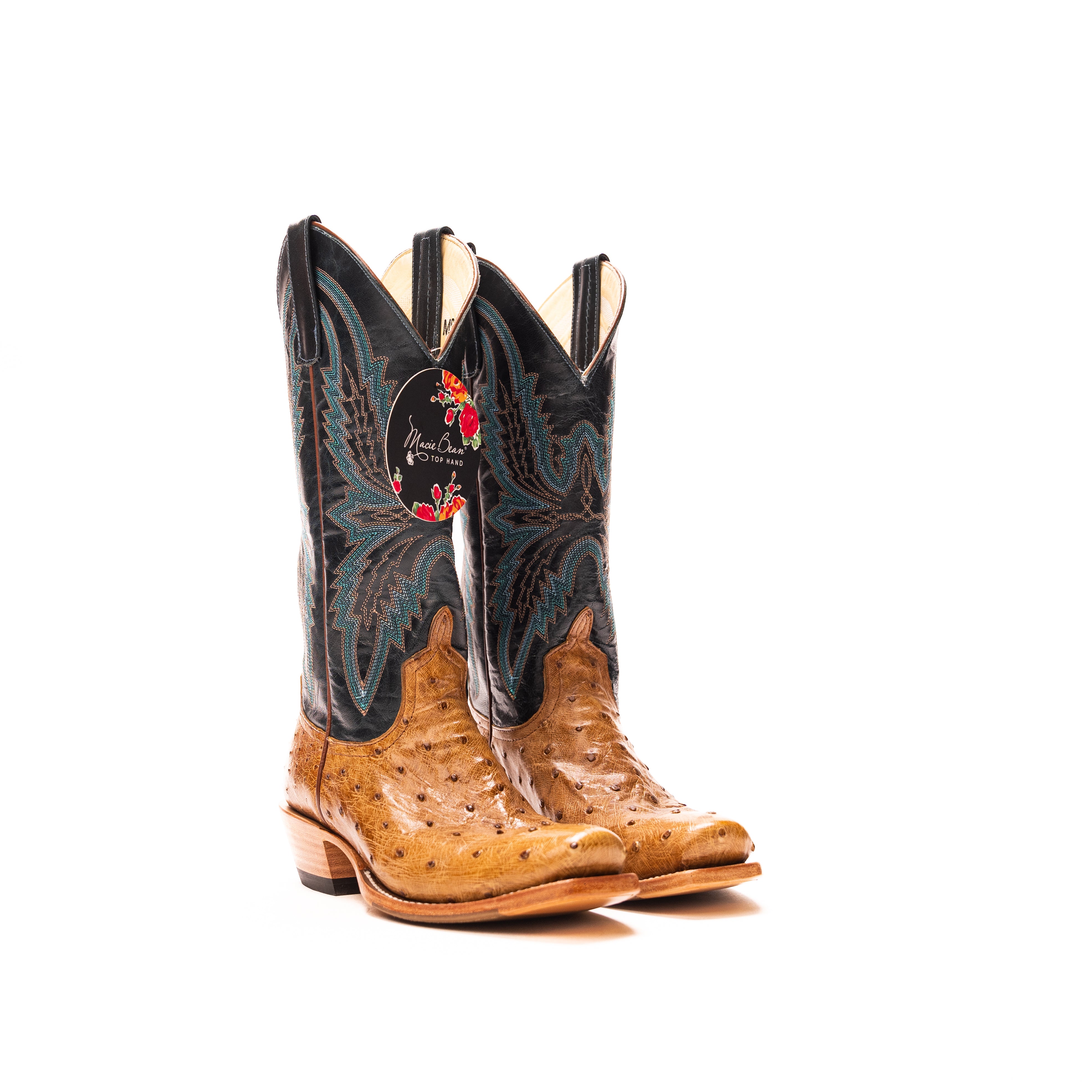 Women's Macie Bean Antique Saddle Full Quill Ostrich with 13" Navy Explosion Top M9503 - Crazy House Western Wear