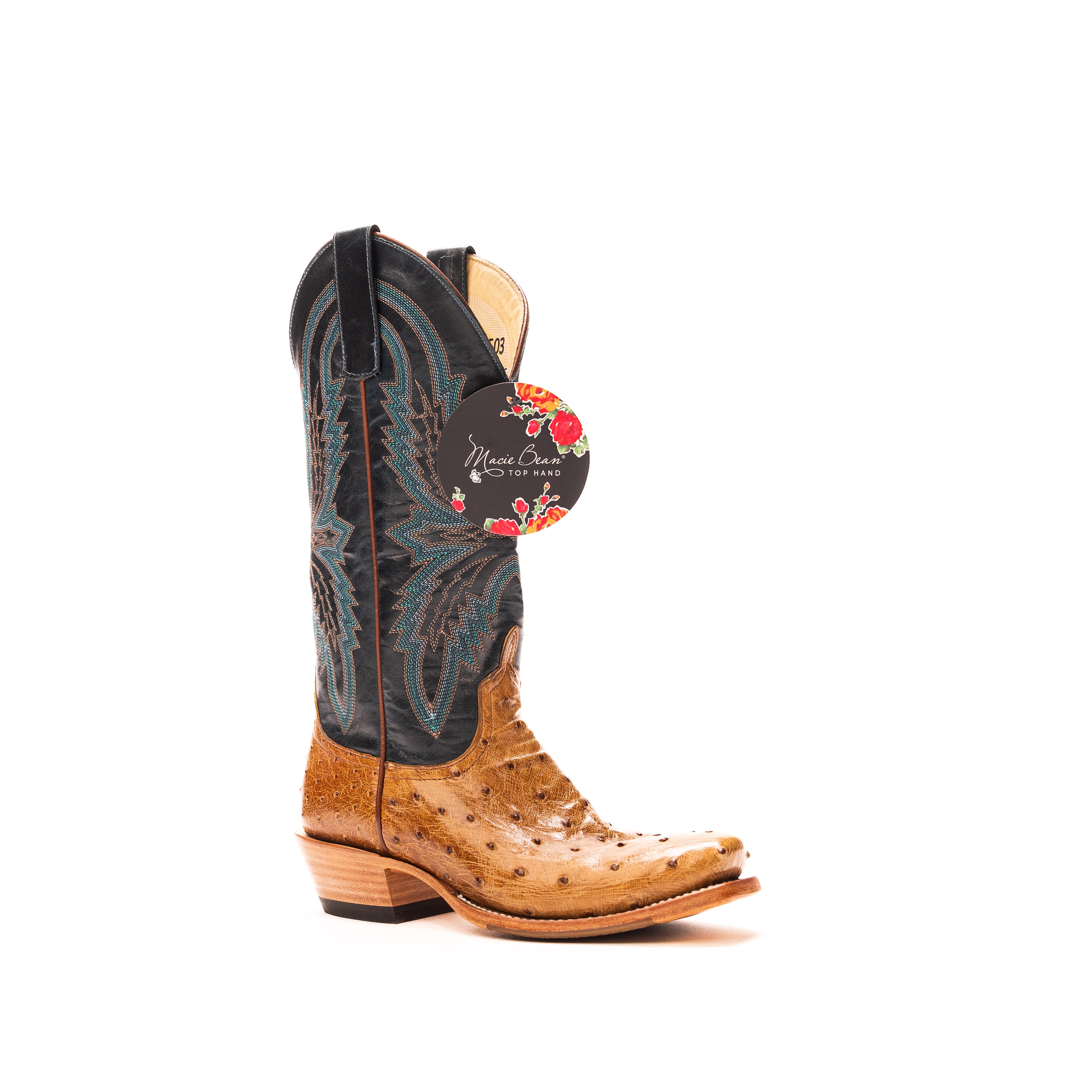 Women's Macie Bean Antique Saddle Full Quill Ostrich with 13" Navy Explosion Top M9503 - Crazy House Western Wear