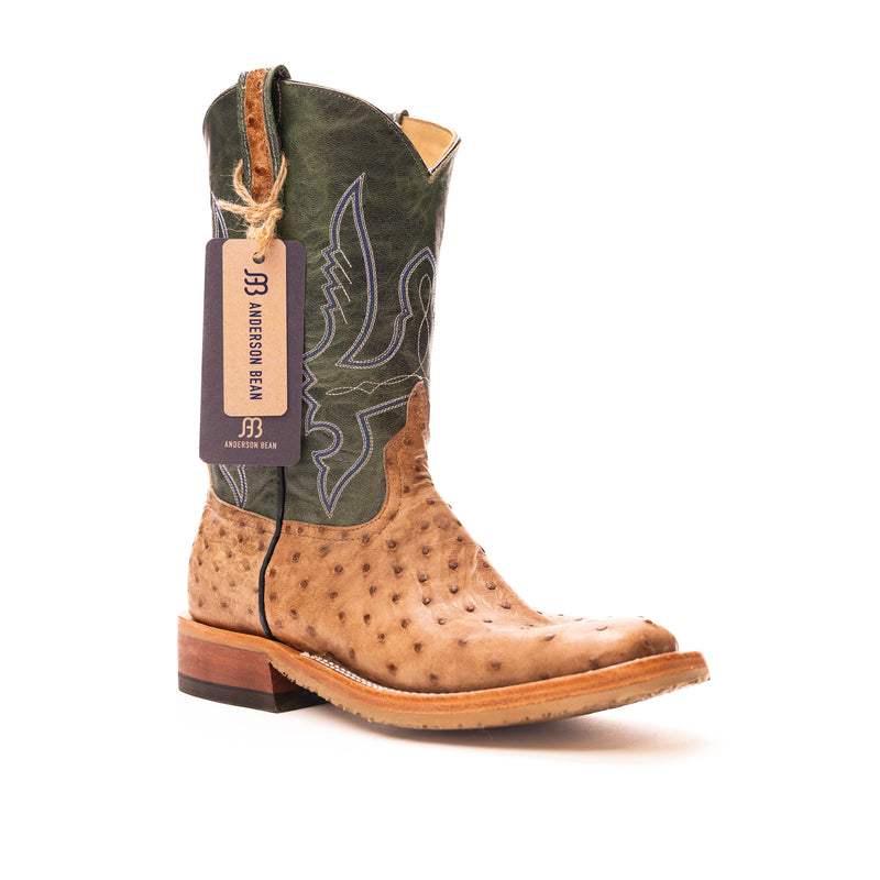 Anderson Bean Tan Full Quill Ostrich with 13" Green Tops - Crazy House Western Wear