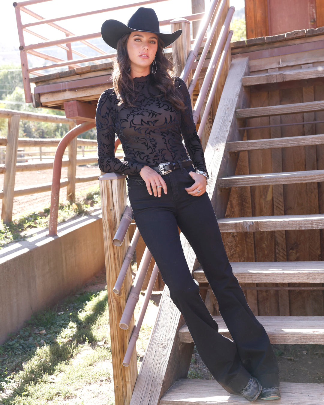 Cruel Denim Women's Long Sleeve Black Burnout Mesh Top CTK7485006