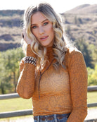 Cruel Women's Long Sleeve Gold Mesh Western Scrolling Top CTK7485007