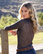 Cruel Women's Brown Ribbed Floral Print Mock Neck Mesh Top CTK7530002