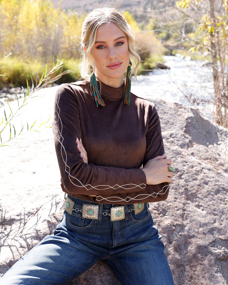 Cruel Denim Women's Brown Faux Suede Boot Stitched Long Sleeve Shirt