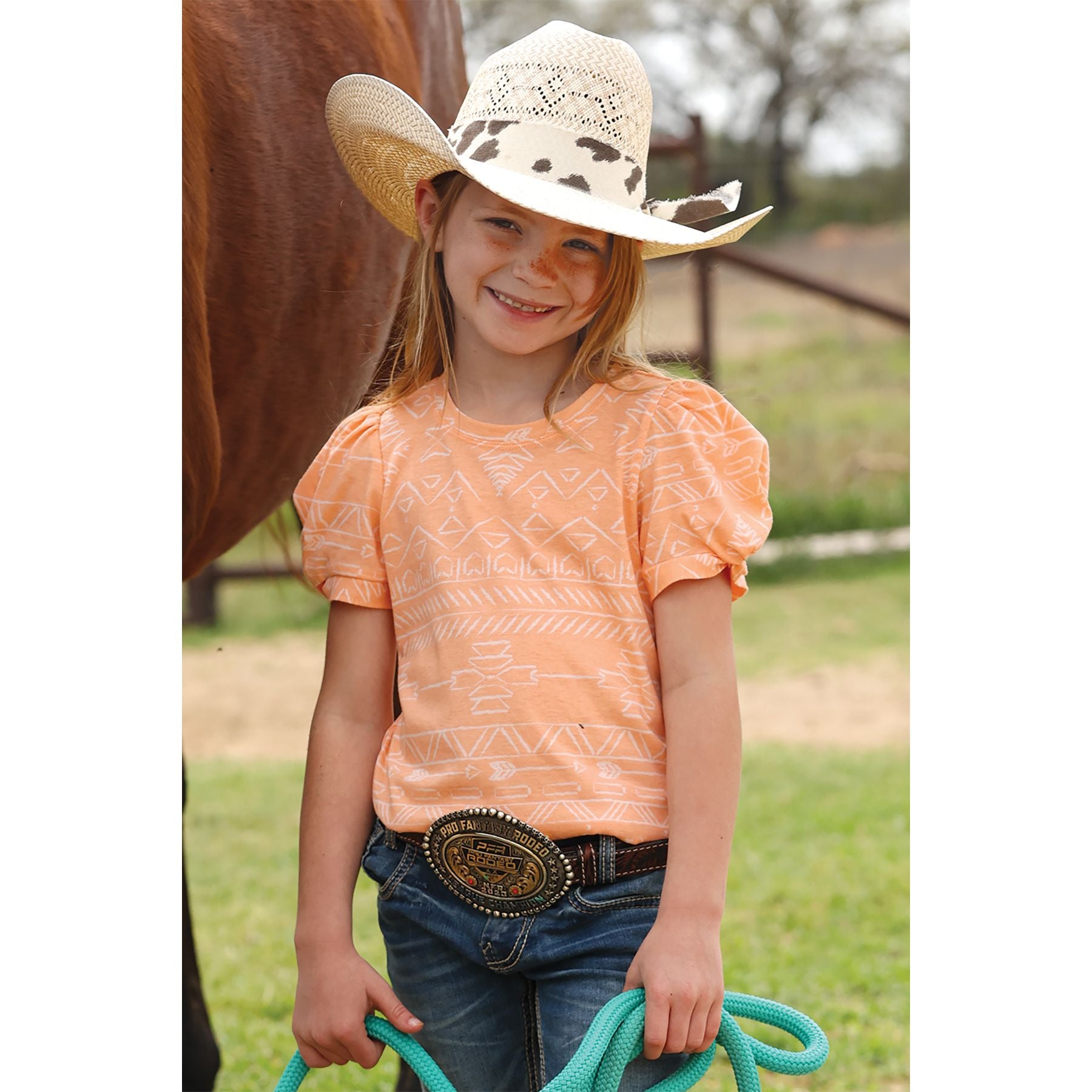 Girl's Cruel Denim Orange and White Puff Sleeve T-shirt CTK8005004
