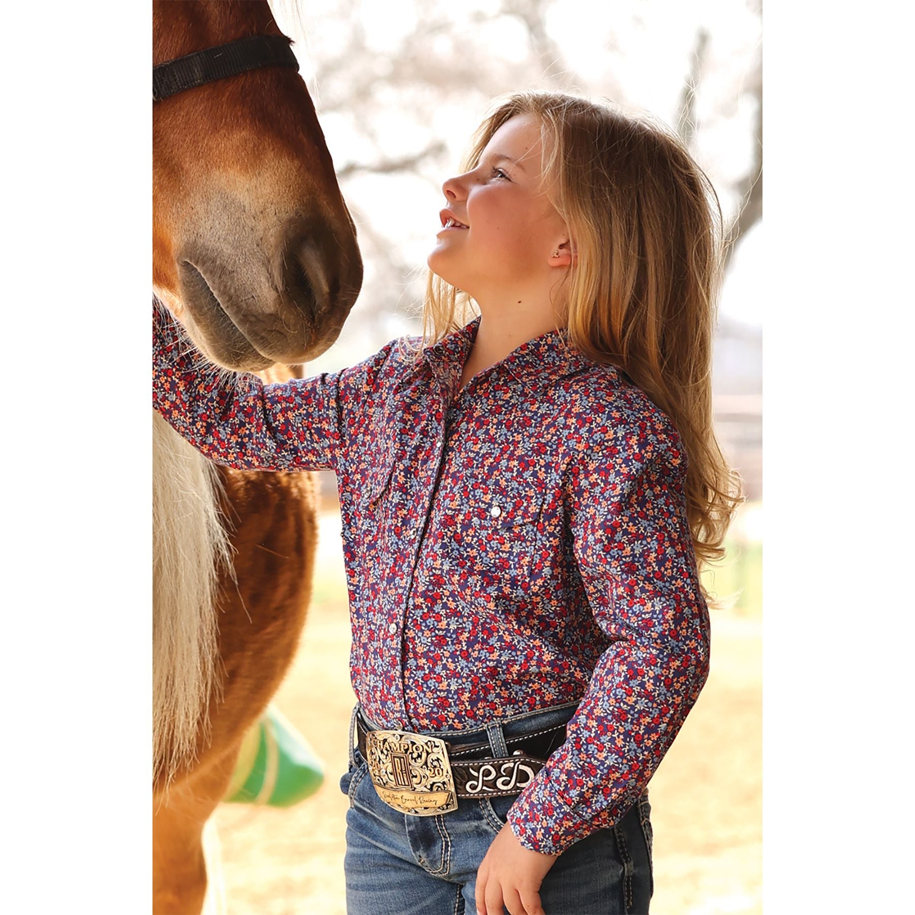 Girl's Cruel Denim Blue Floral Print Snap Shirt CTW3230054