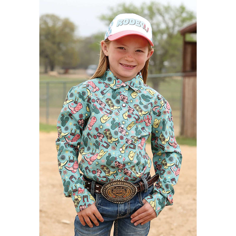 Girl's Cruel Denim Light Blue Long Sleeve Western Print Snap Shirt CTW3370032