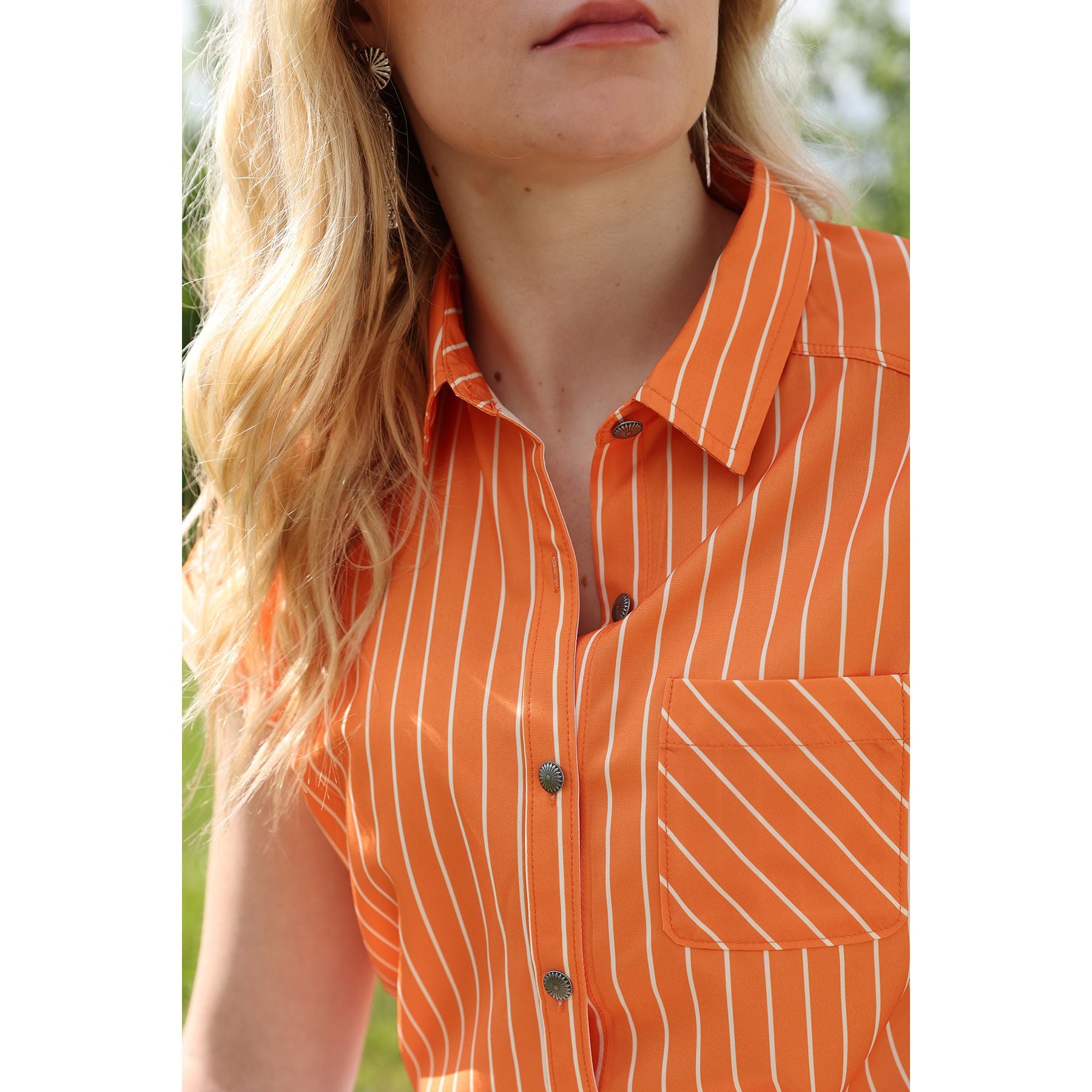 Women's Cinch Orange Striped Short Sleeve Printed Button Down Shirt CTW7163006