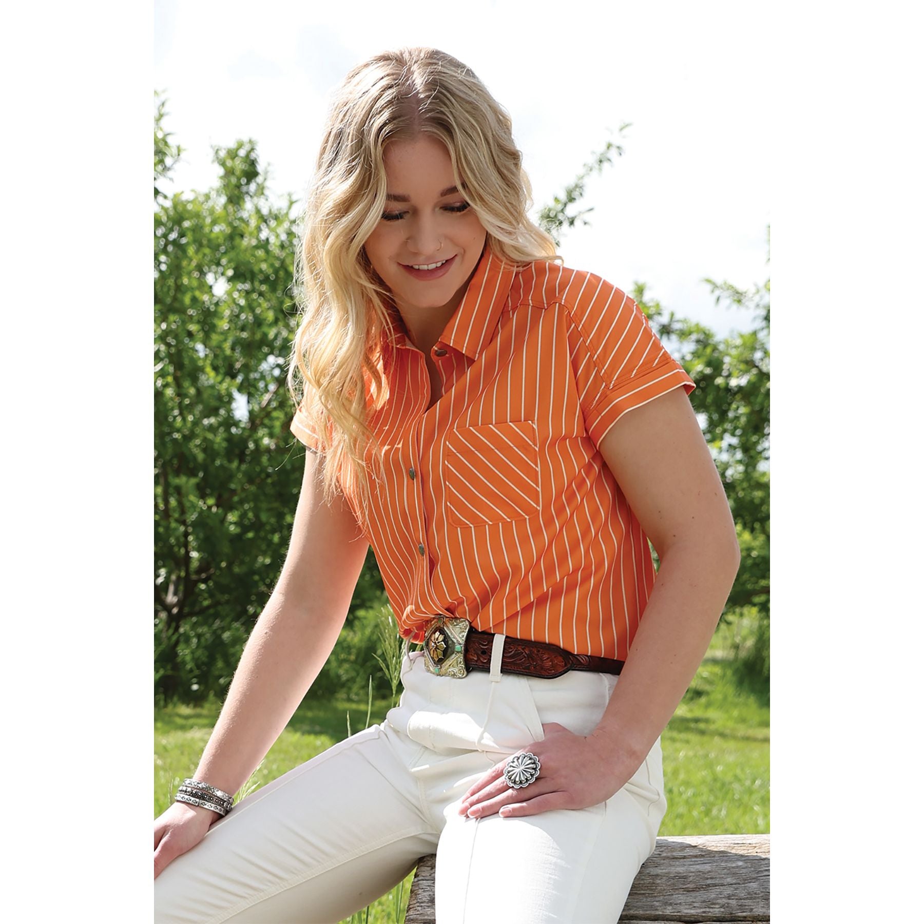 Women's Cinch Orange Striped Short Sleeve Printed Button Down Shirt CTW7163006