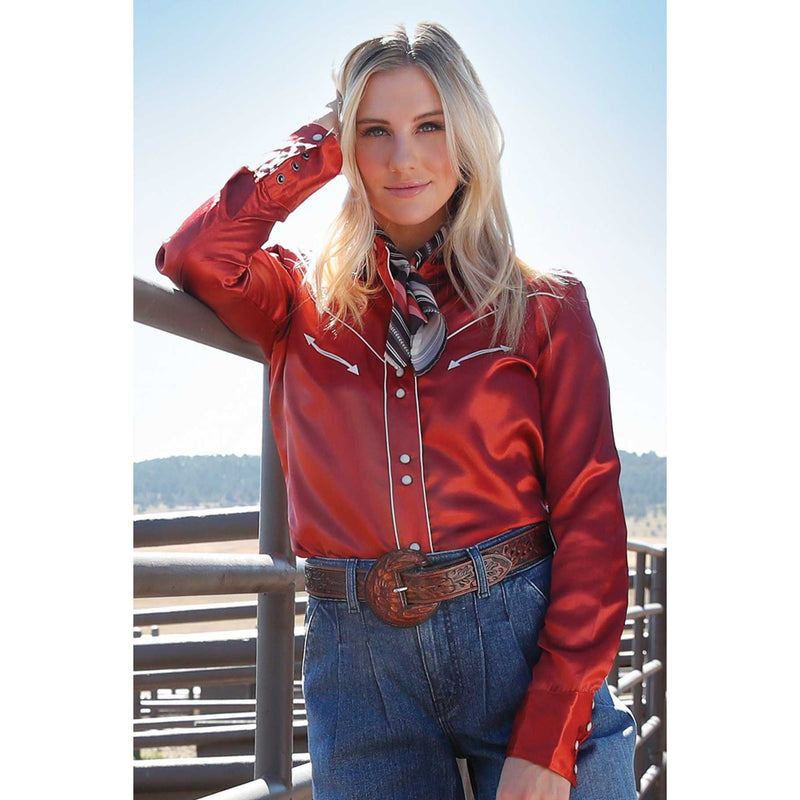 Women's Cruel Denim Long Sleeve Satin Pearl Snap Rust CTW7466011