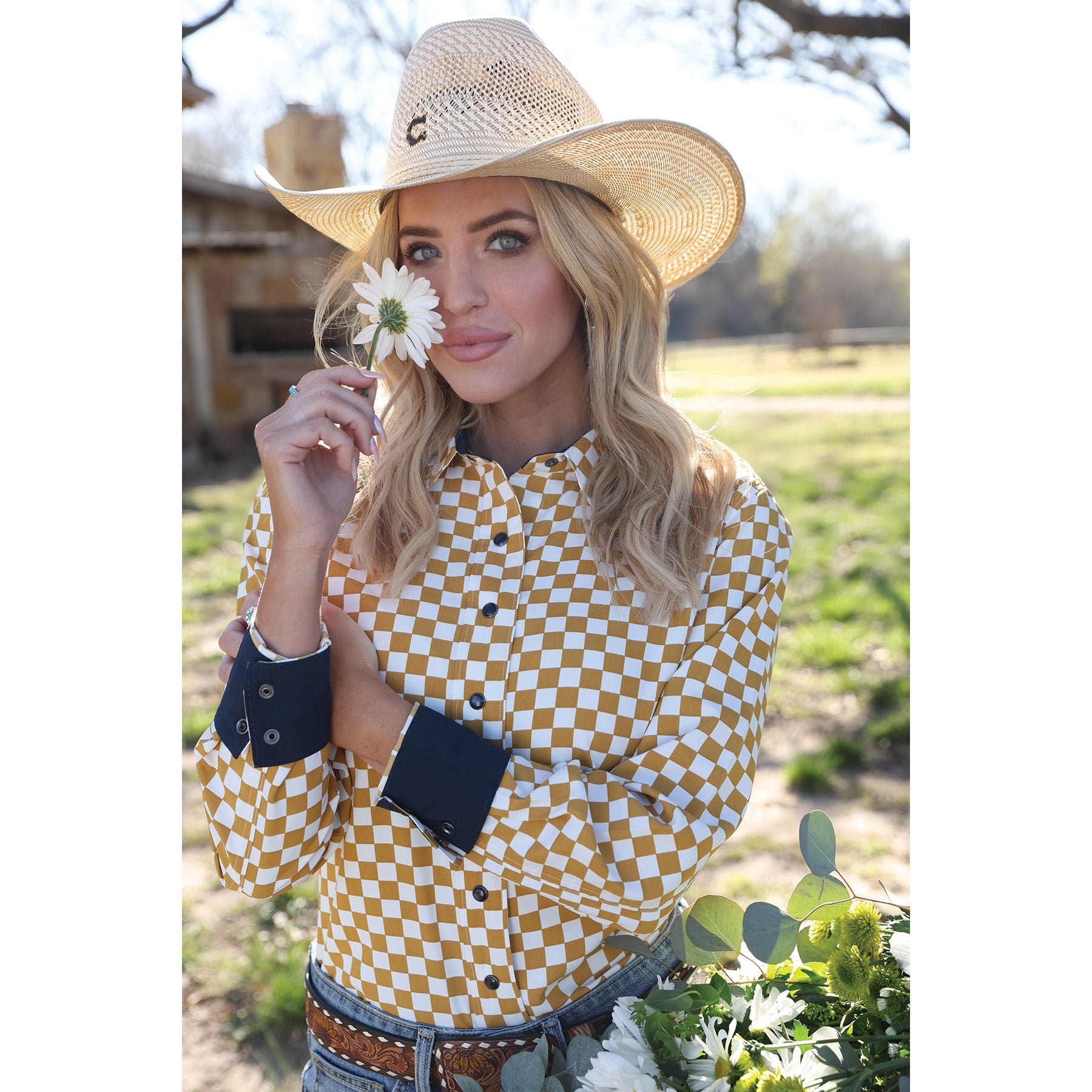 Women's Cruel Denim Long Sleeve Golden Checkered Snap Shirt CTW7529002