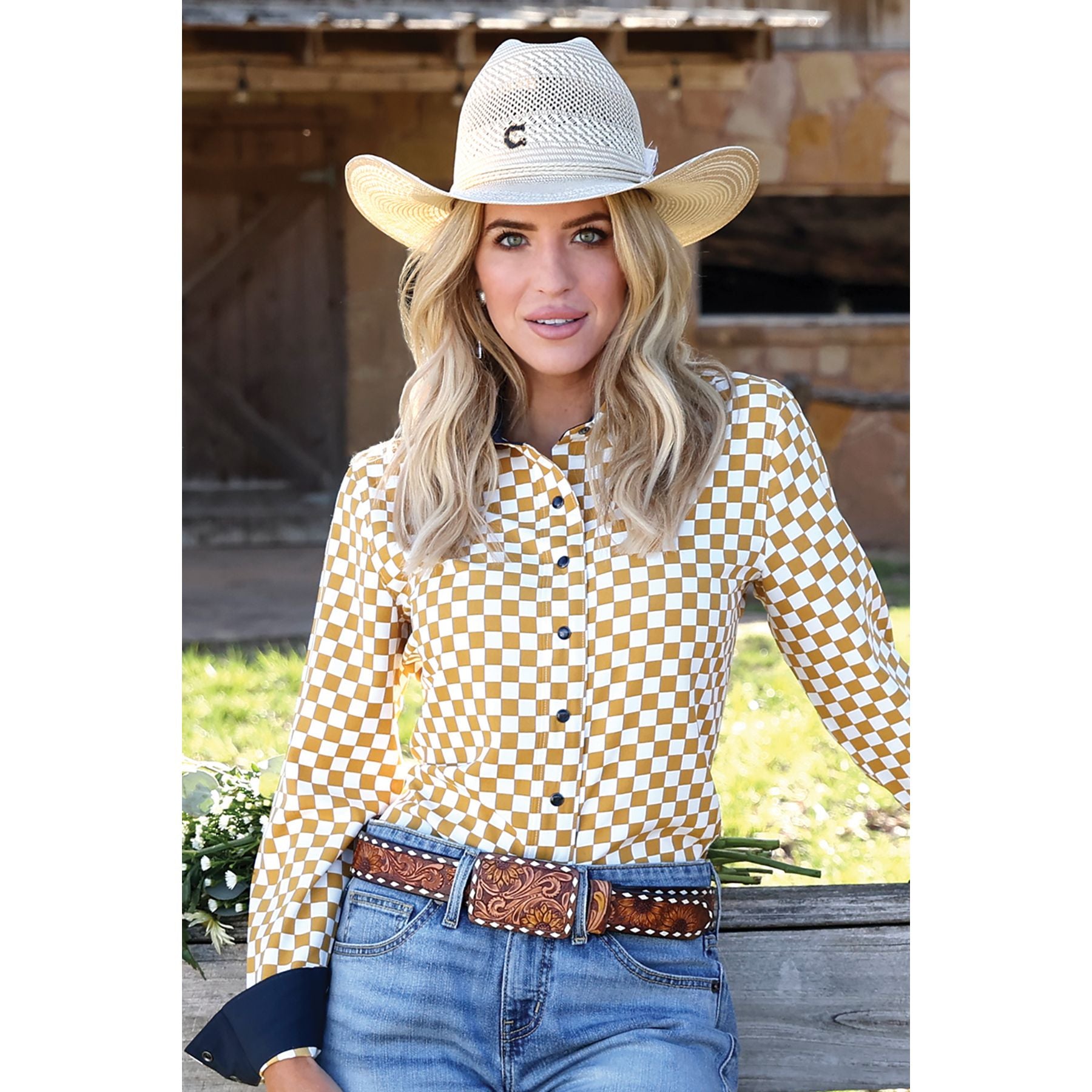Women's Cruel Denim Long Sleeve Golden Checkered Snap Shirt CTW7529002