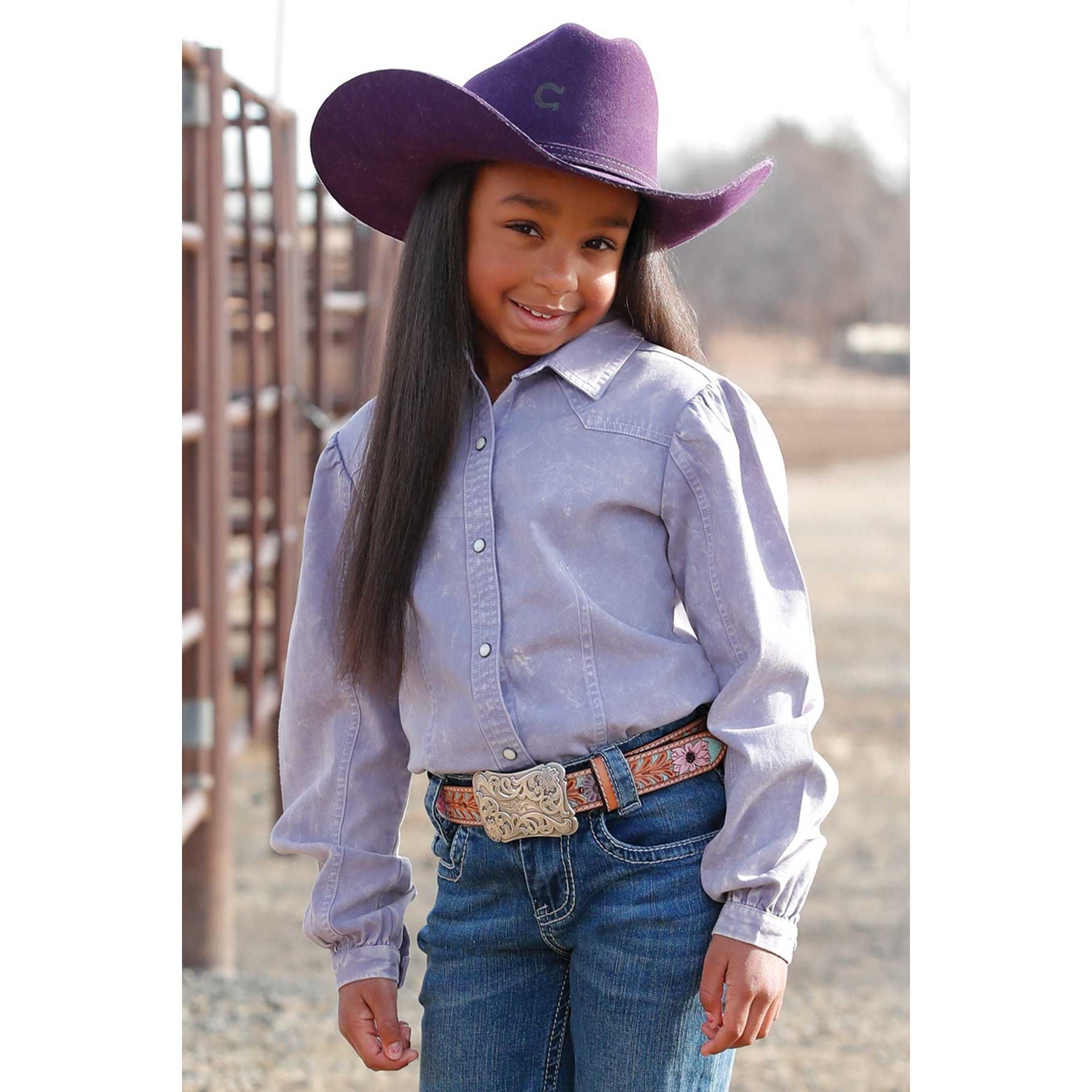 Girl's Cruel Denim Lilac Long Sleeve Dirty Dyed Western Snap Shirt CTW8985001