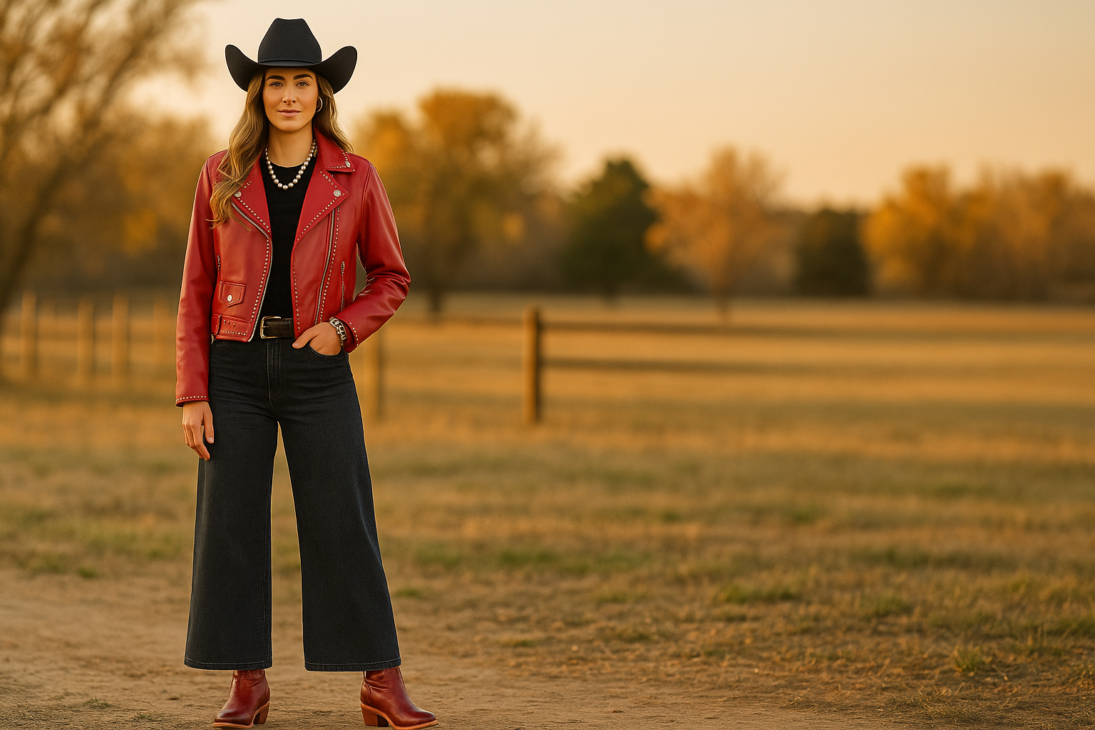 Woman in a red leather jacket and black cowboy hat standing in a field at sunset.