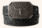 3D Men's Black Floral Tooled Belt with Longhorn Buckle 