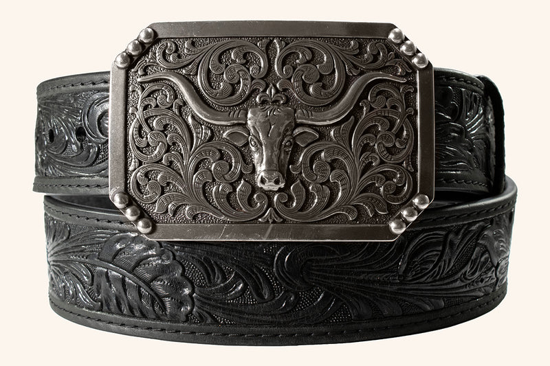 3D Men's Black Floral Tooled Belt with Longhorn Buckle 